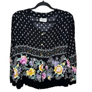 BRITTANY NICOLE II / vintage 80s black pink floral button up blouse top / L
